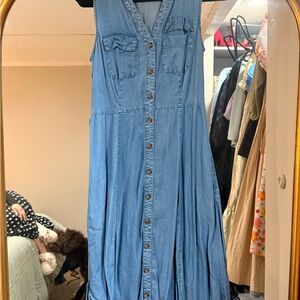Sleeveless Denim Button-Front Dress - Blue